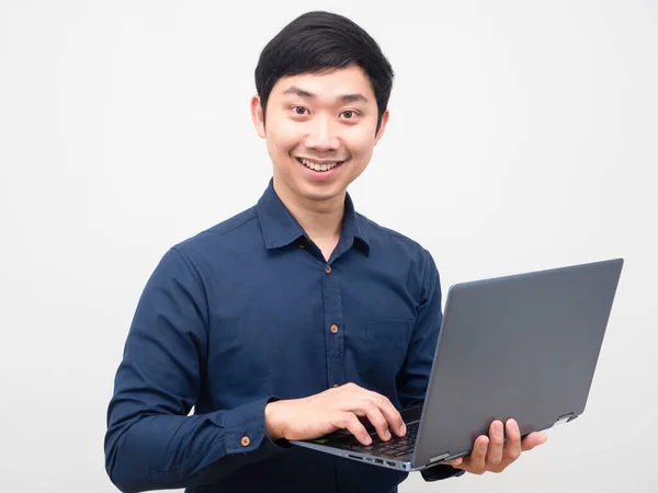 Asian Man Happy Smile Holding Laptop White Background — ストック写真