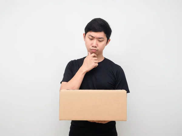 Man Looking Shopping Box His Hand Thinking Something — Stock fotografie