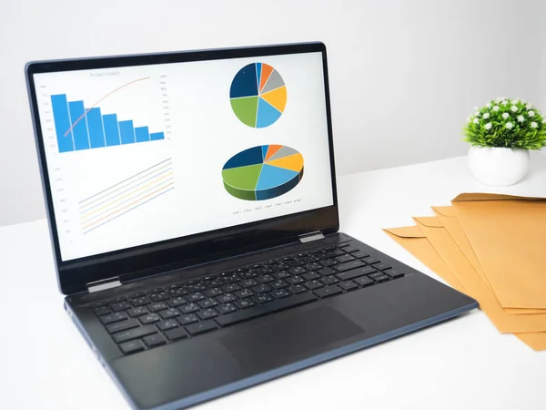 Laptop Charts Graphs Business Screen Document Table Copy Space —  Fotos de Stock