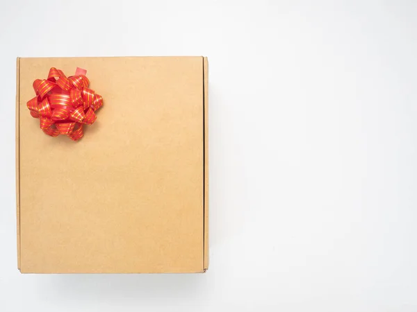 Gift Box Red Ribbon White Table Top View Copy Space — ストック写真