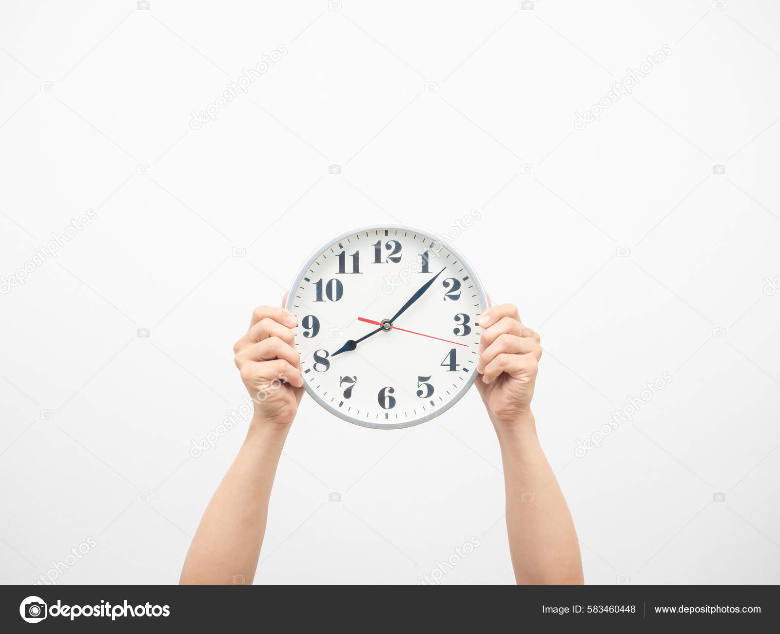 Man Hand Holding Show Analog Clock Copy Space White Background