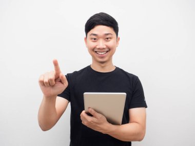 Adam mutlu duygu tablet jest dokunmatik ekran tutarak