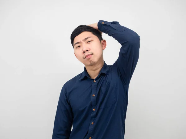 Asian Man Gesture Confident Looking Touch His Head White Background — Stockfoto