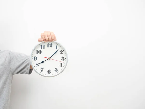 Man Hand Holding Analog Clock Copy Space White Background — Fotografia de Stock