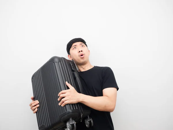 Asian Man Holding Luggage Looking Feeling Excited — Stockfoto