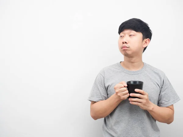 Man Sleepy Emotion Holding Coffee Cup Looking Copy Space — Stockfoto