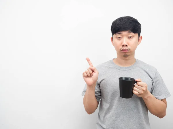 Man Sleepy Emotion Holding Coffee Cup Point Finger Copy Space — Fotografia de Stock