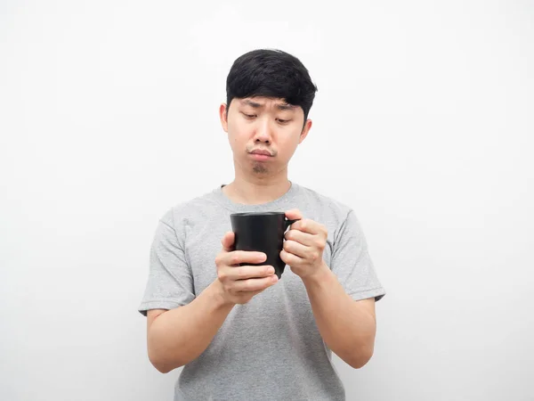 Man Looking Coffee Cup His Hand Feeling Bored — Stockfoto