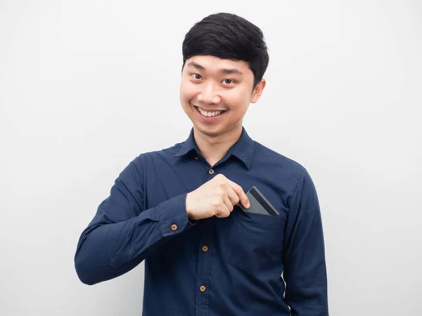 Man Smiling Pick Credit Card Shirt Pocket —  Fotos de Stock
