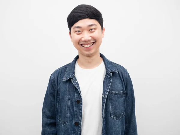 Asian Man Jeans Shirt Happy Smiling Portrait White Background — Fotografia de Stock