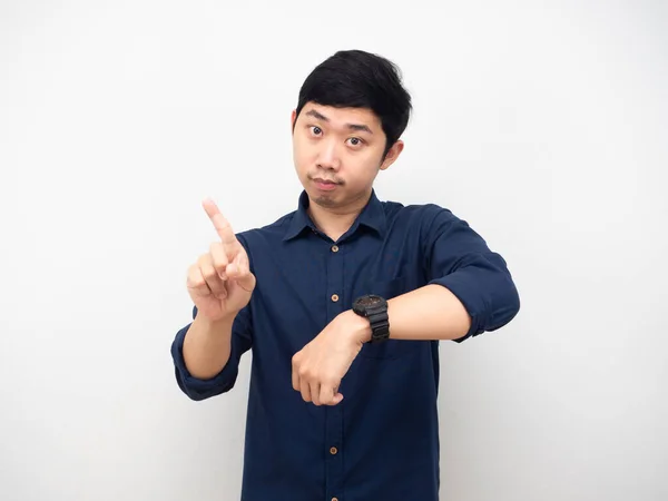 Asian Man Show His Watch Swing His Finger Looking You — Fotografia de Stock