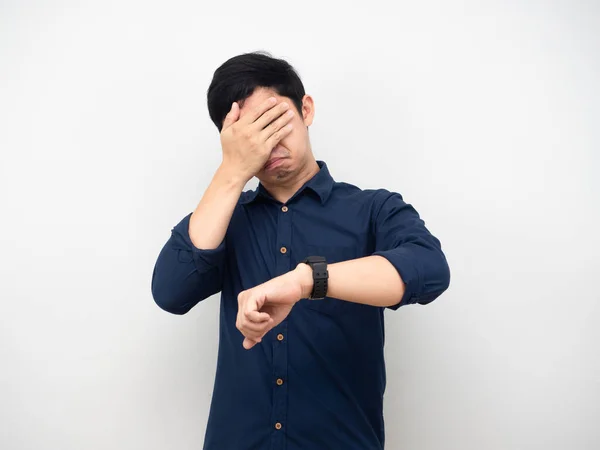 Man Looking His Watch Close His Face White Background — Stock fotografie