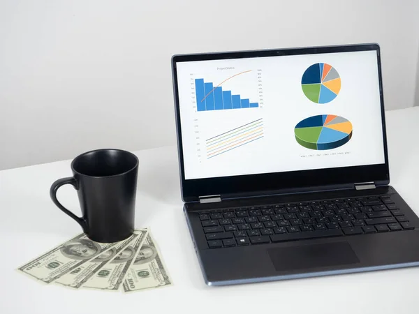 Laptop Chart Graph Business Cofee Cup Money Dollar Desk —  Fotos de Stock