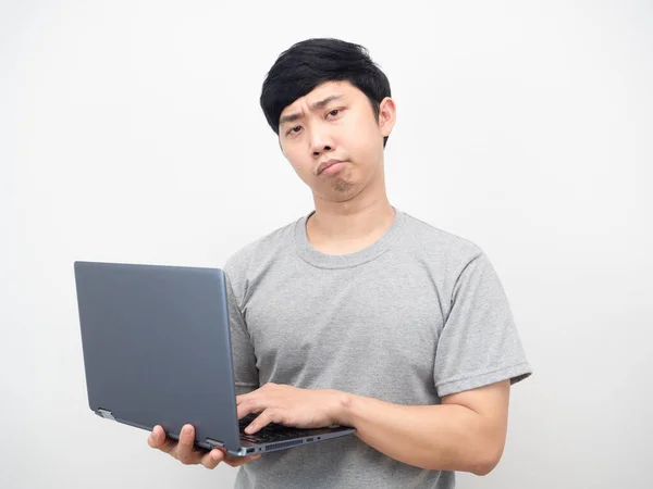 Asian Man Using Strain Emotion Looking Camera — Zdjęcie stockowe