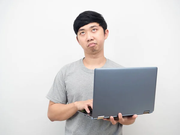 Man Using Laptop Feeling Bored Emotion Portrait White Bakground — Zdjęcie stockowe