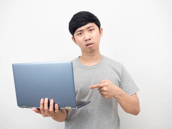 Man Grey Shirt Point Finger Laptop Hand Serious Emotion — 스톡 사진