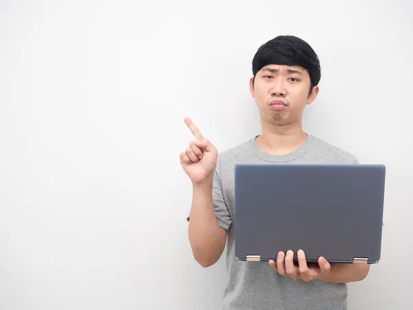 Man Worker Holding Laptop Feeling Bored Point Finger Copy Space — Zdjęcie stockowe