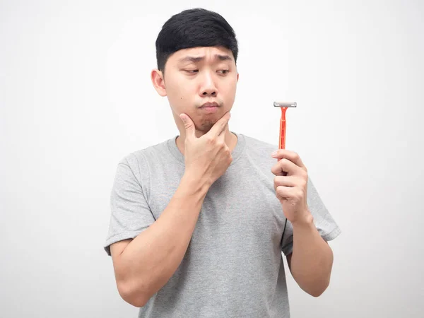 Man Touch Feeling Doubt Looking Shaving Hand — Stock Photo, Image