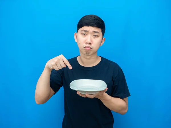 Man Hungry Point Finger Dish Hand Sad Face Blue Background — Fotografia de Stock