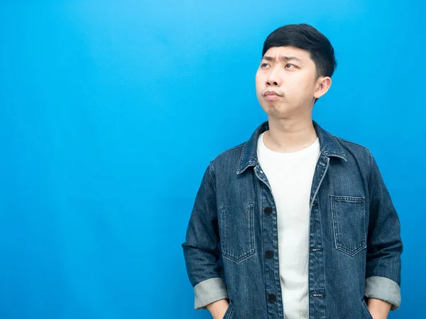 Man Jean Shirt Gesture Thinking Looking Copy Space Blue Background — Fotografia de Stock