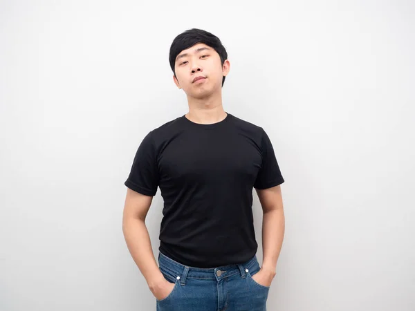 Man Black Shirt Push Hand Jeans Pocket Stand Confident Looking — Stok fotoğraf