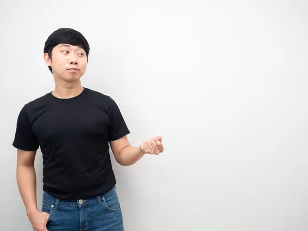 Asian Man Jeans Gesture Pull Hand Copy Space — 스톡 사진