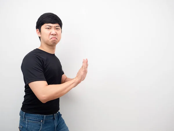 Man Black Shirt Gesture Push Hand Copy Space — Stock fotografie