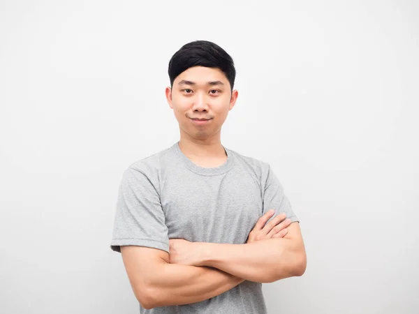 Asian Man Grey Shirt Corss Arms Look Confident White Background —  Fotos de Stock