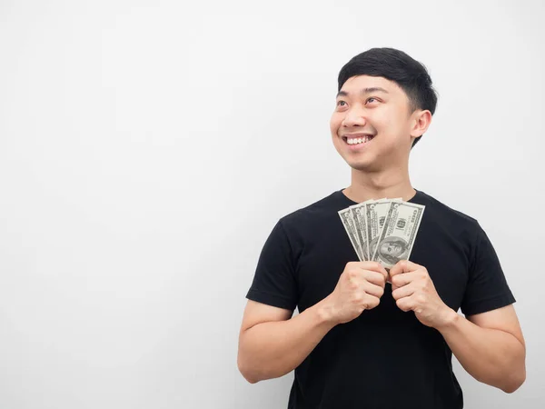 Asian Man Holding Money Dollar Feeling Happy Looking Copy Space — Stock Photo, Image