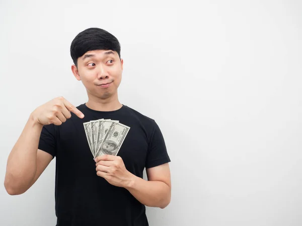 Man Point Finger Money Hand Looking Copy Space — Stock Photo, Image