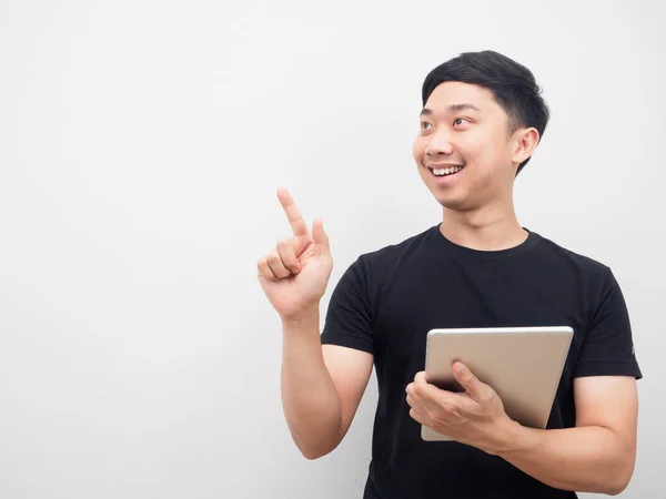 Man Holding Ipad Smile Point Finger Copy Space — Stock fotografie