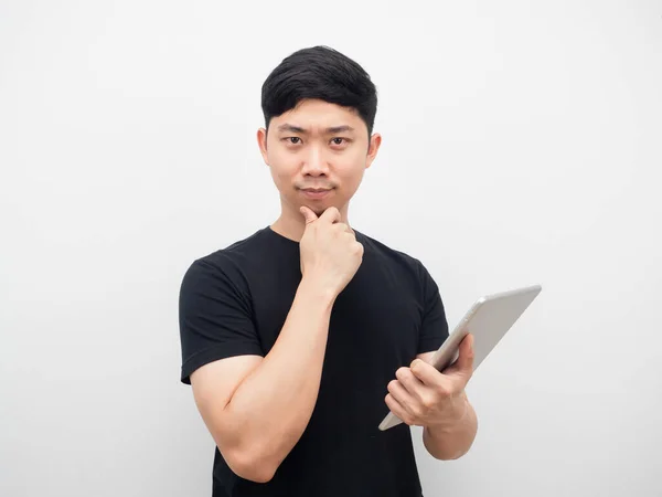 Asian Man Holding Ipad Gesture Confident Looking White Background — ストック写真