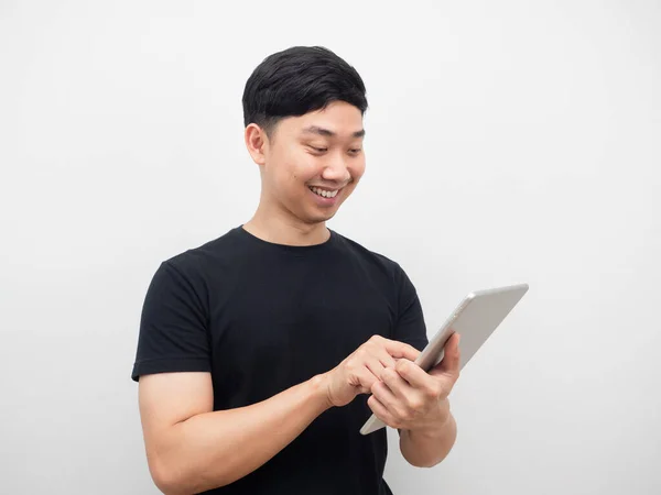 Man Smile Using Tablet Gesture Checking Stock — ストック写真