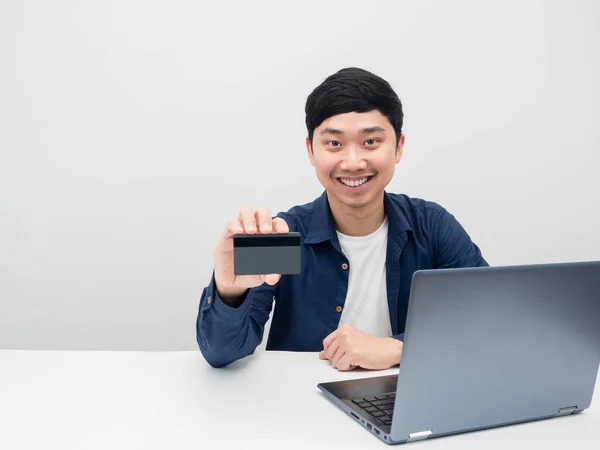 Man Happy Emotion Smiling Holding Credit Card Sit Desk Laptop — Stockfoto