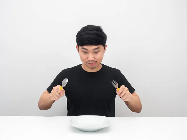Hombre Hambriento Sosteniendo Gesto Cubiertos Listo Para Comer Cena Mesa — Foto de Stock