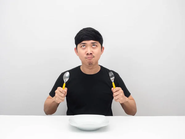 Man Holding Cutlery Feeling Hungry Looking Copy Space — Fotografia de Stock