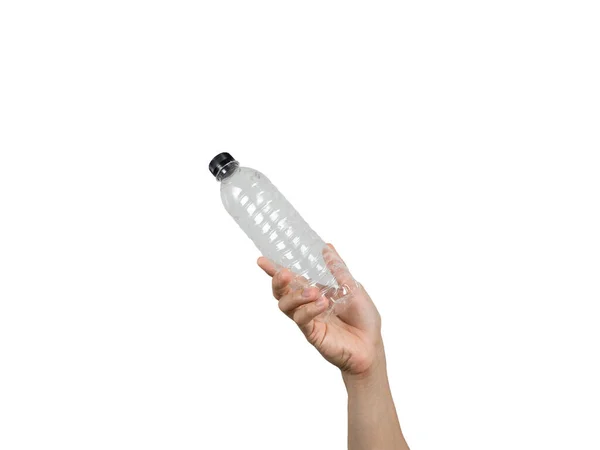 Hand Hält Plastikflasche Weiß Isoliert Mann Hand Hält Leere Wasserflasche — Stockfoto