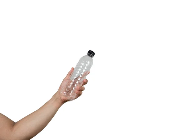 Hand Holding Plastic Bottle White Isolated — Stockfoto