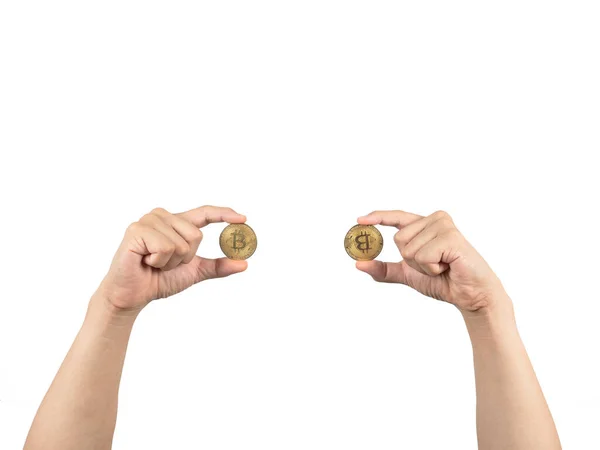 Finger Gospodarstwa Złoty Bitcoin Biały Izolowany Hand Zachować Złoto Bitcoin — Zdjęcie stockowe