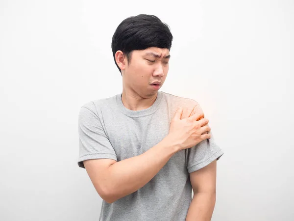 Man Grey Shirt Gesture Pain His Shoulder White Background — Stock fotografie