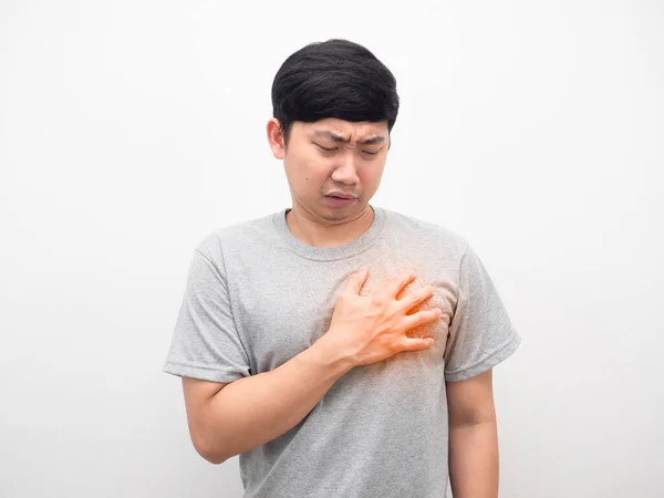 Asian Man Grey Shirt Gesture Pain Heart White Background — Stock fotografie