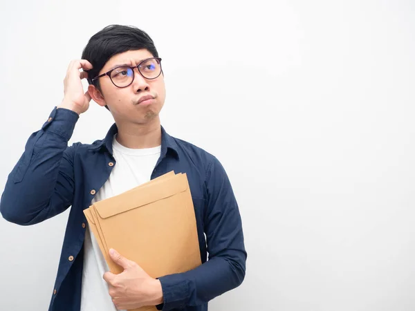 Man Wearing Glasses Holding Envelope Feeling Doubt Looking Copy Space — 스톡 사진