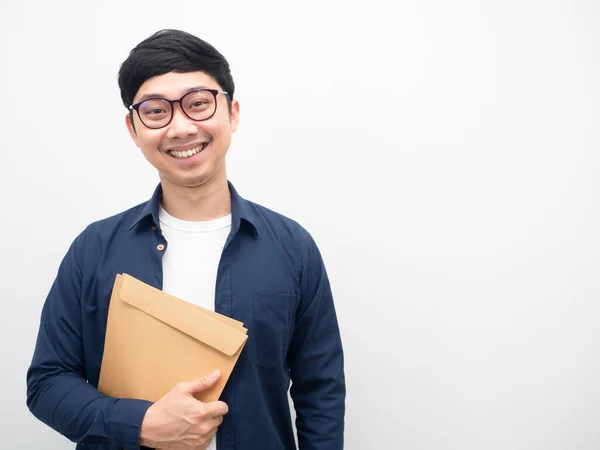 Man Wearing Glasses Holding Document Envelope Smiling White Background — Stock fotografie