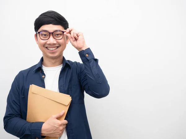 Man Wearing Glasses Holding Document Envelope Happy Smile White Background — Stockfoto