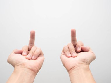 Man hand show double middle finger on white background