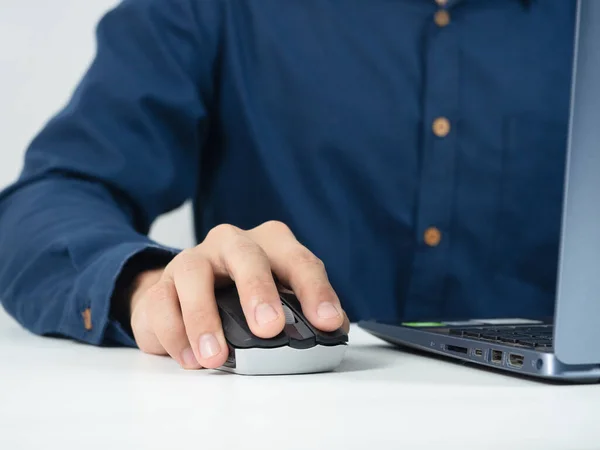 Closeup Man Hand Catch Mouse Laptop Working Table — Zdjęcie stockowe