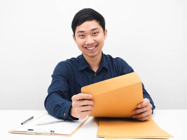 Asian Man Feeling Happy Smile Sit His Workplace Open Document — Stock fotografie