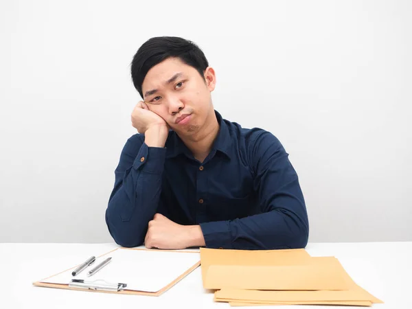 Man Sit Workplace Feeling Bored Work White Background — Stockfoto