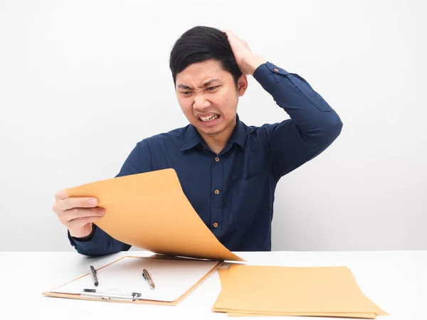 Business Man Feeling Shocked Document Envolope Hand Touch His Head — Stockfoto