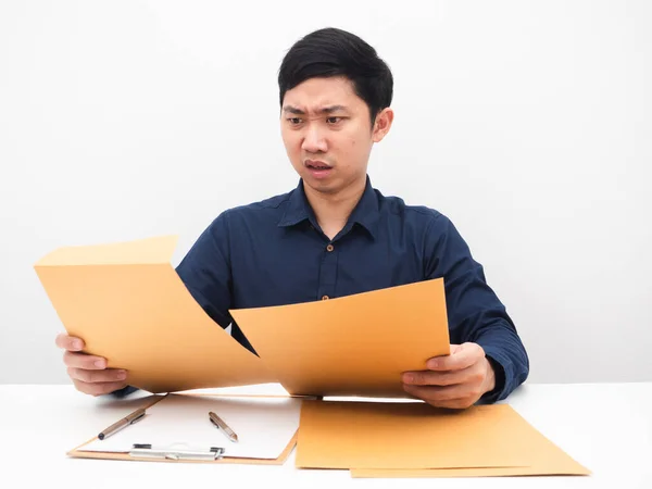 Asian Man Feeling Headache Many Document Table White Background — Foto de Stock